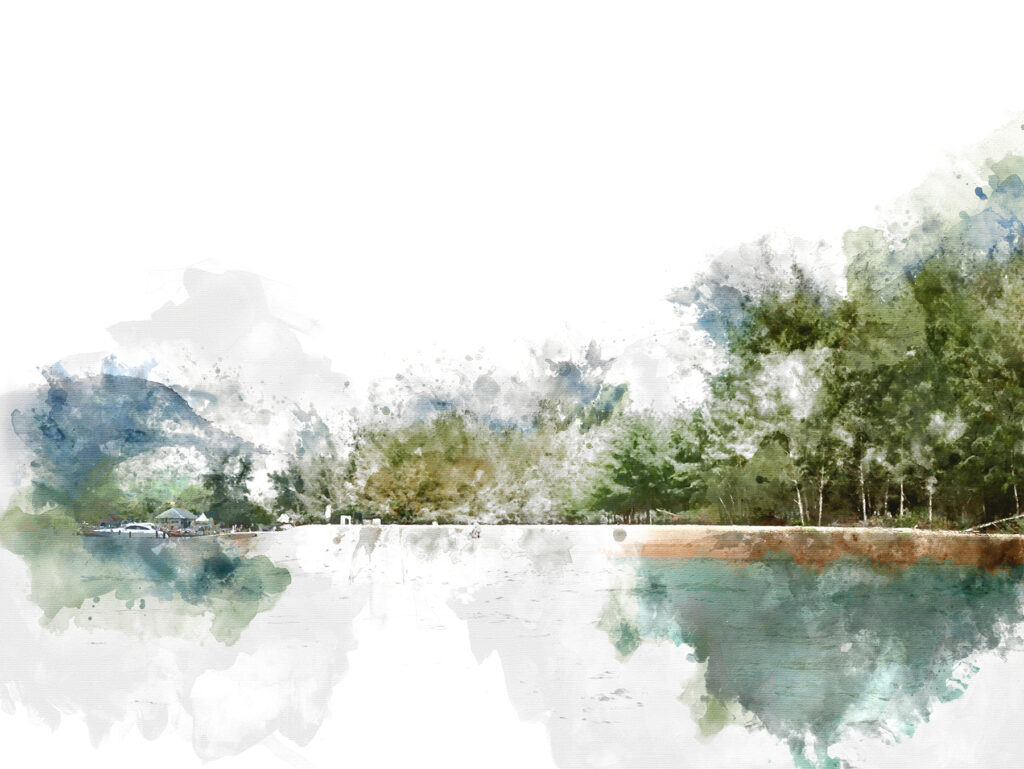 Acquerello di un lago con alberi e montagne sullo sfondo Acquerello di un lago con alberi e montagne sullo sfondo