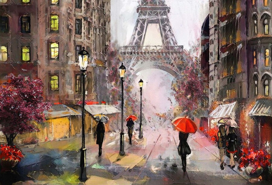 Carta da parati Pittura di persone che camminano sotto la pioggia con gli ombrelli - immagine 2