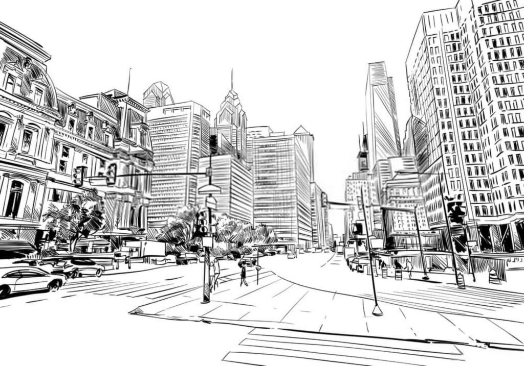 Disegno di una strada cittadina Disegno di una strada cittadina