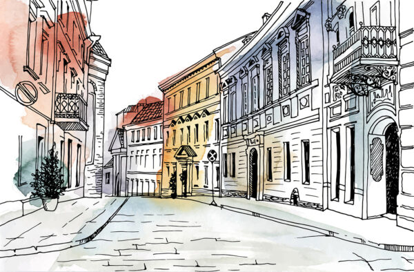 Disegno di una strada con edifici Disegno di una strada con edifici