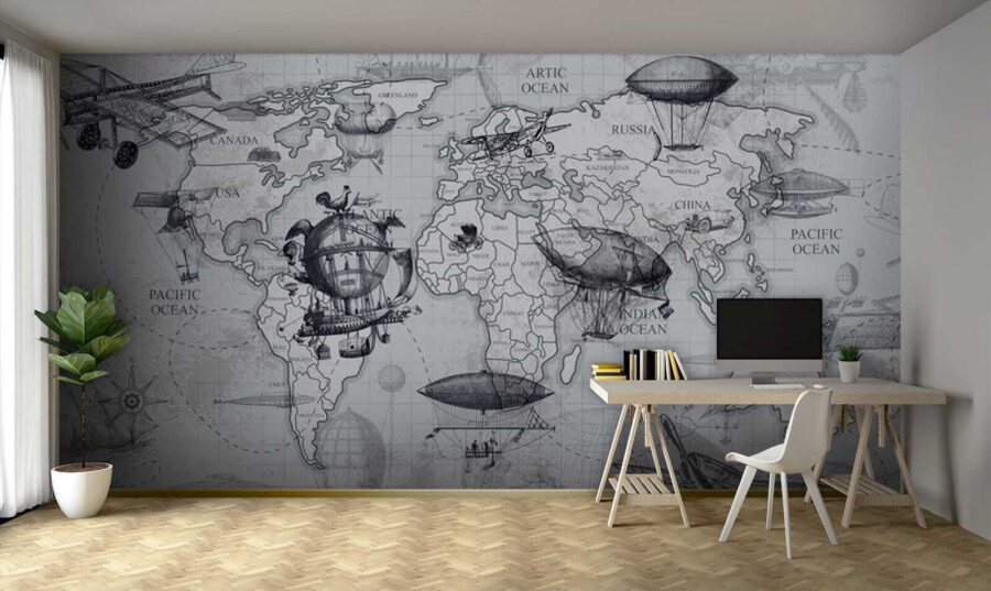 Mappa del mondo con diversi tipi di palloni aerostatici