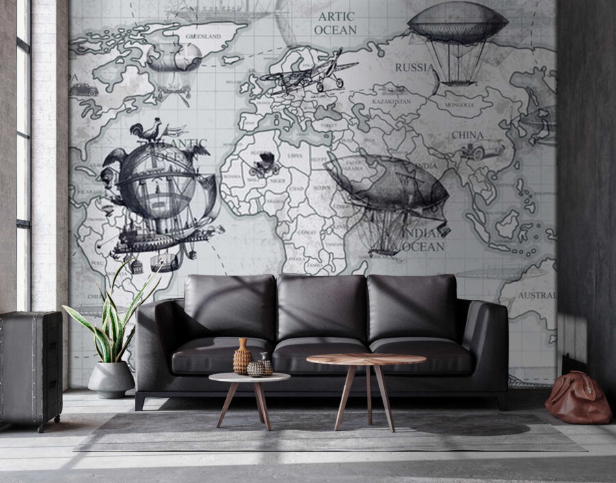 Mappa del mondo con diversi tipi di palloni aerostatici