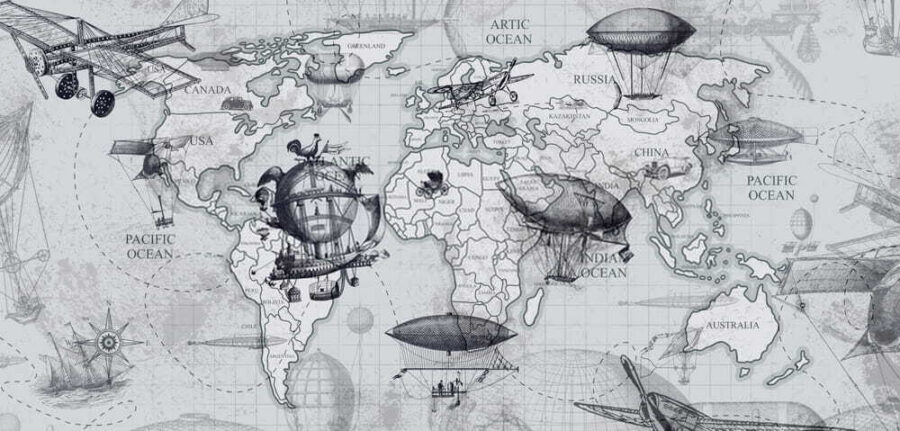 Mappa del mondo con diversi tipi di palloni aerostatici