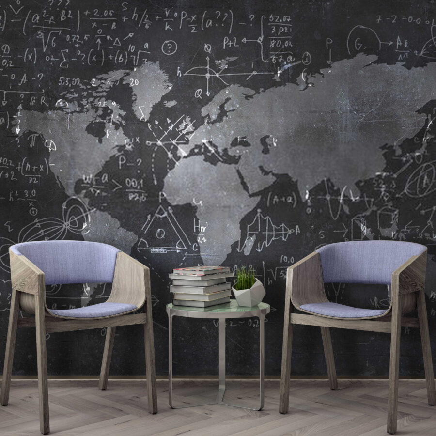 Lavagna con mappa ed equazioni matematiche Lavagna con mappa ed equazioni matematiche