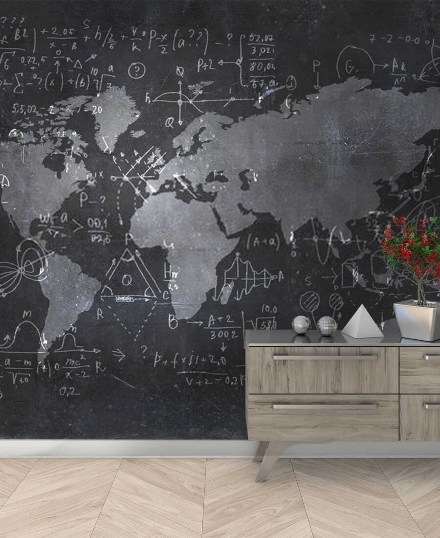Lavagna con mappa ed equazioni matematiche Lavagna con mappa ed equazioni matematiche