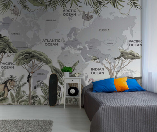 Mappa del mondo con animali e uccelli Mappa del mondo con animali e uccelli