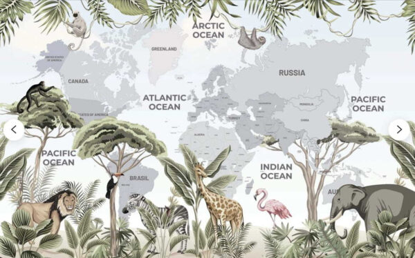 Mappa del mondo con animali e uccelli Mappa del mondo con animali e uccelli