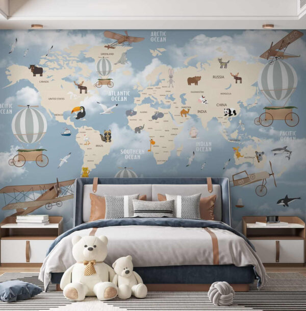 Mappa del mondo con diversi animali e uccelli Mappa del mondo con diversi animali e uccelli