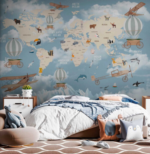 Mappa del mondo con diversi animali e uccelli Mappa del mondo con diversi animali e uccelli
