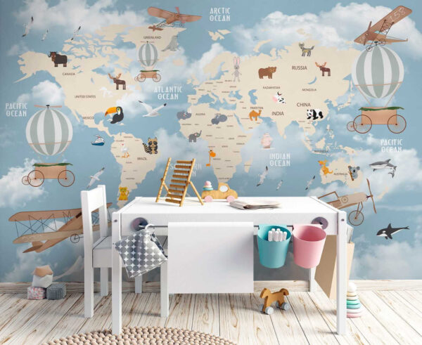 Mappa del mondo con diversi animali e uccelli Mappa del mondo con diversi animali e uccelli
