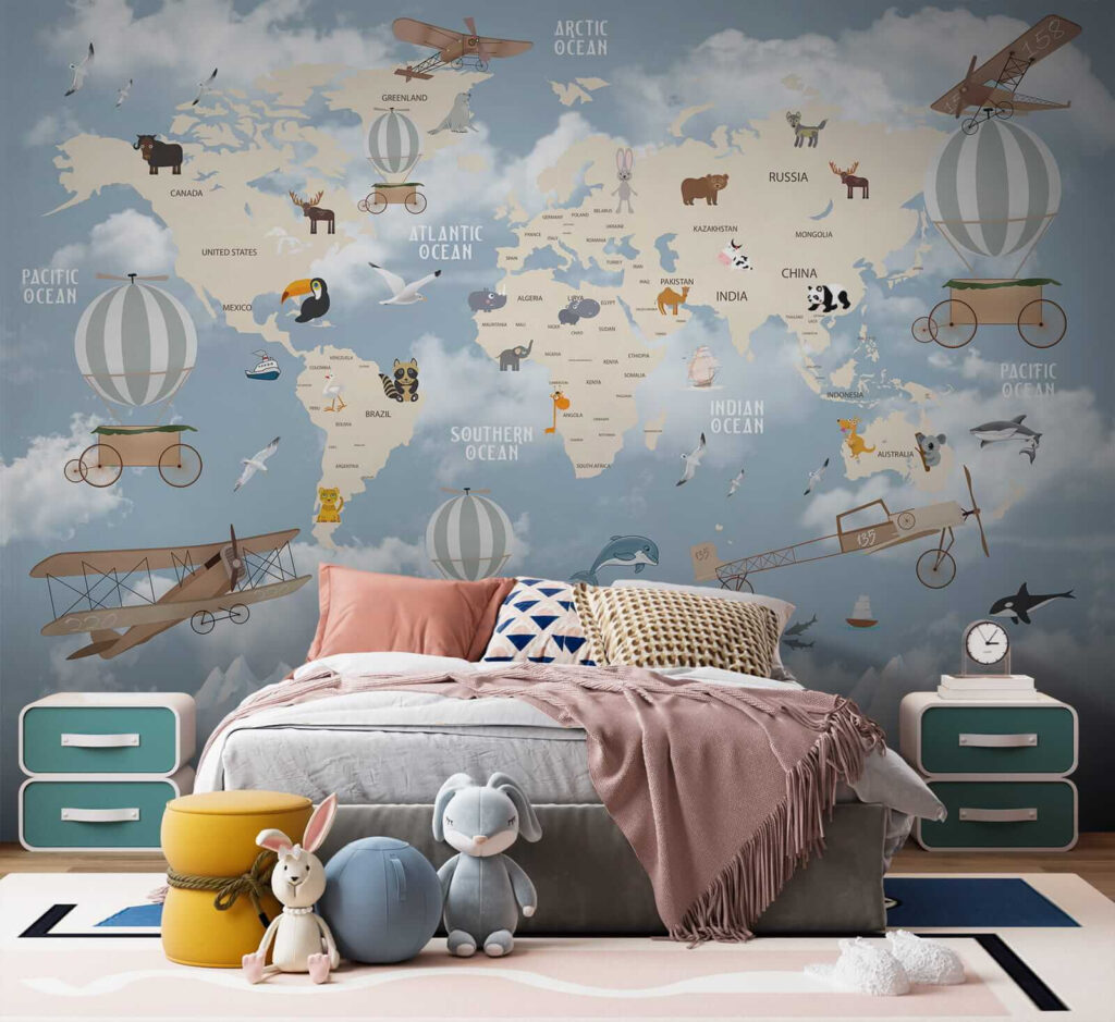 Map of the world with different animals and birds