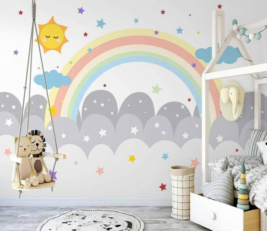 Arcobaleno e nuvole con sole e stelle Arcobaleno e nuvole con sole e stelle