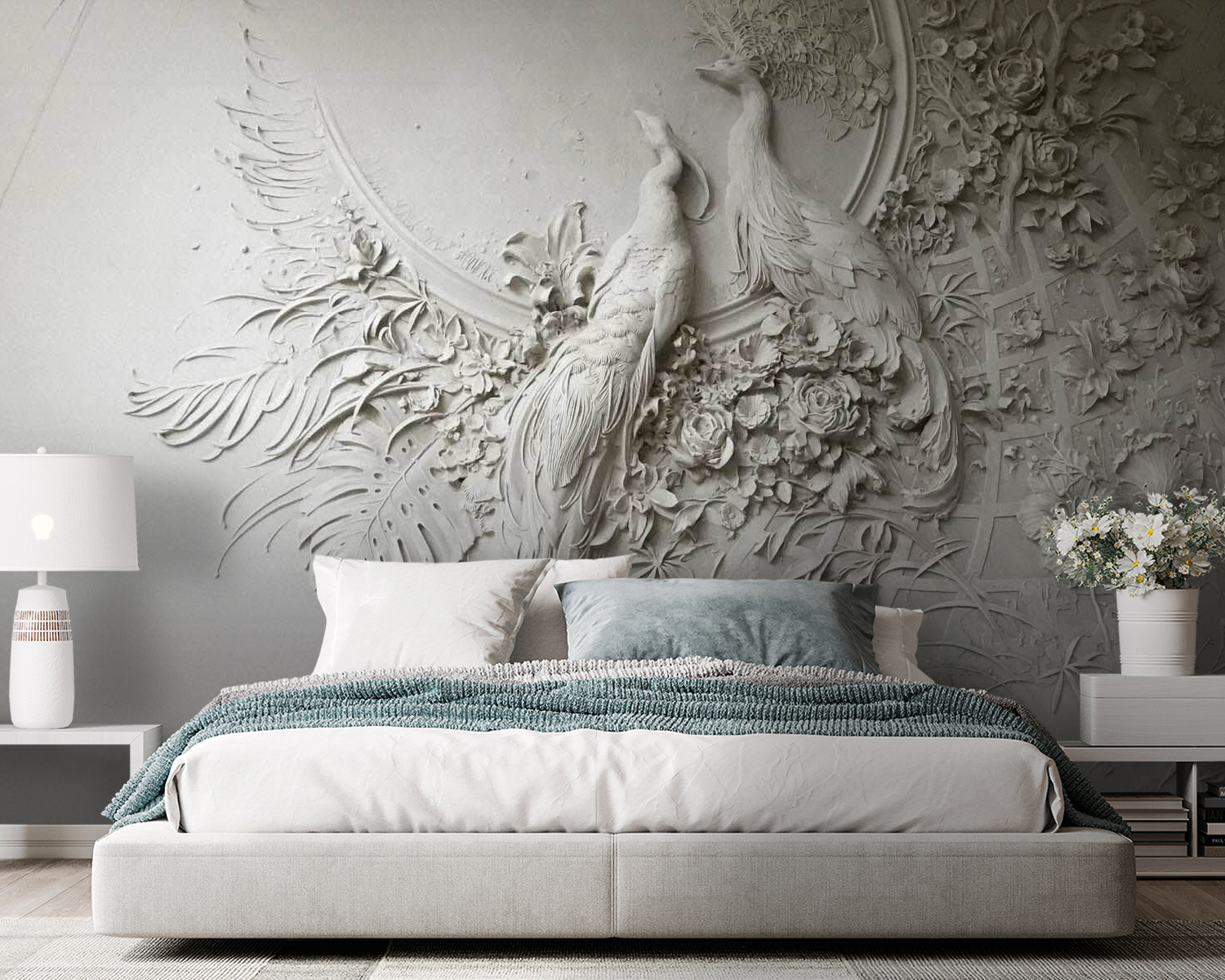 White wall with a couple of birds and flowers