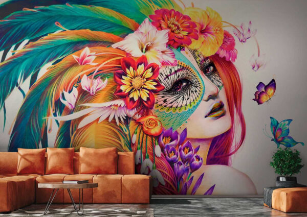 Donna con piume e fiori colorati Donna con piume e fiori colorati