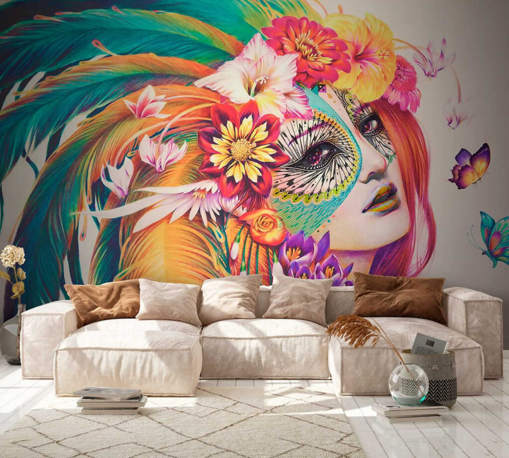 Woman with colorful feathers and flowers Woman with colorful feathers and flowers