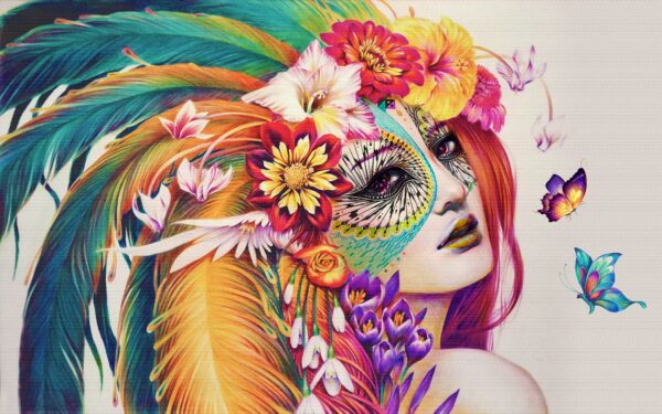 Donna con piume e fiori colorati Donna con piume e fiori colorati