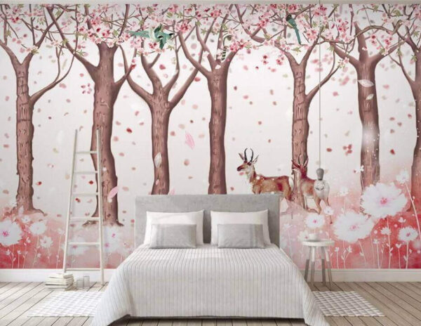Gruppo di alberi con fiori e uccelli Gruppo di alberi con fiori e uccelli