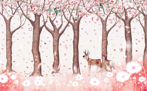 Gruppo di alberi con fiori e uccelli Gruppo di alberi con fiori e uccelli