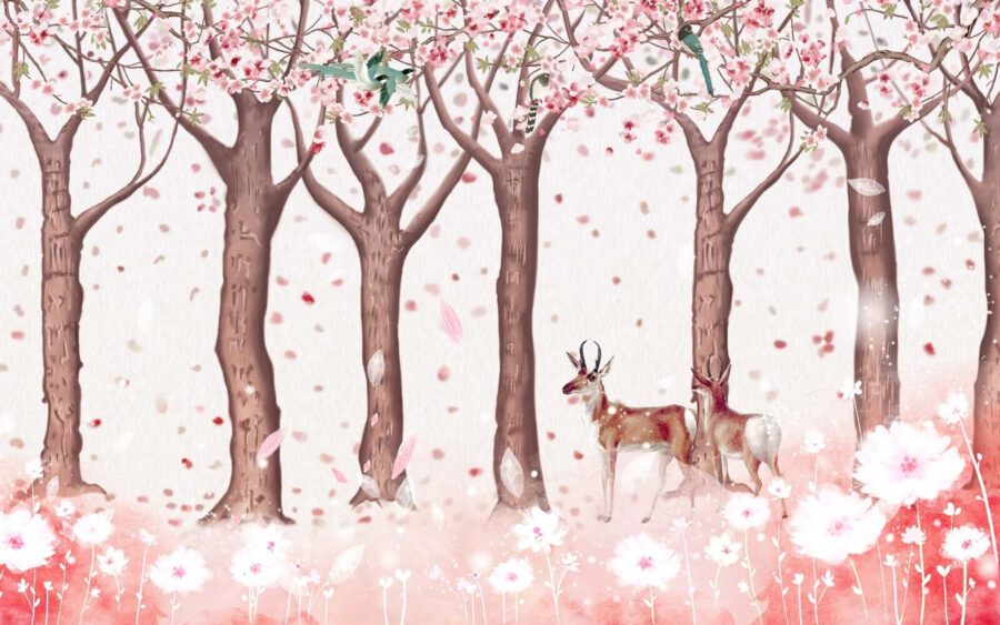Gruppo di alberi con fiori e uccelli