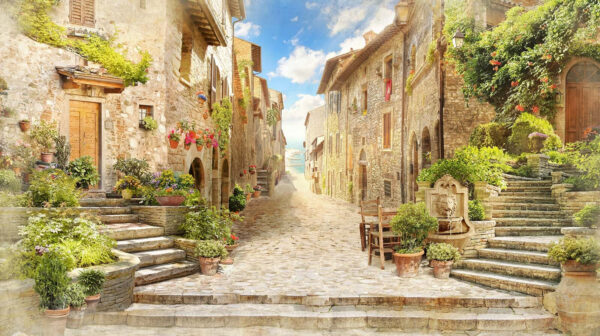Strada in pietra con edifici e piante in pietra Strada in pietra con edifici e piante in pietra