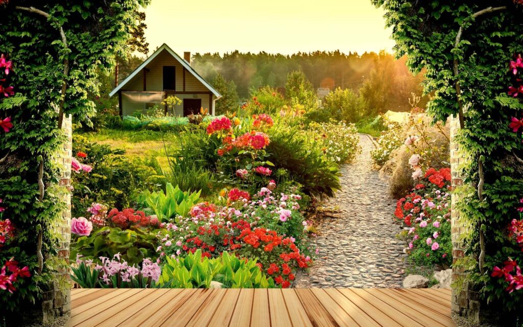 Giardino con fiori e casa Giardino con fiori e casa