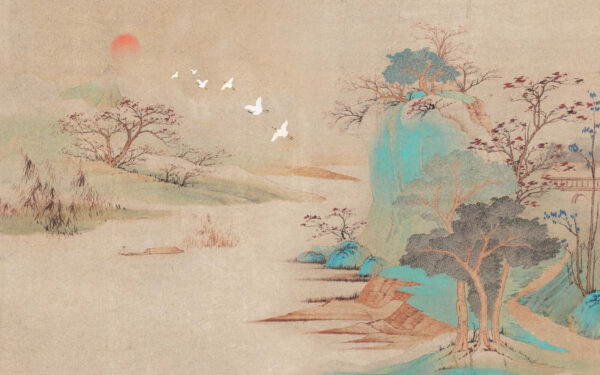 Pittura di un paesaggio con alberi e uccelli in volo Pittura di un paesaggio con alberi e uccelli in volo
