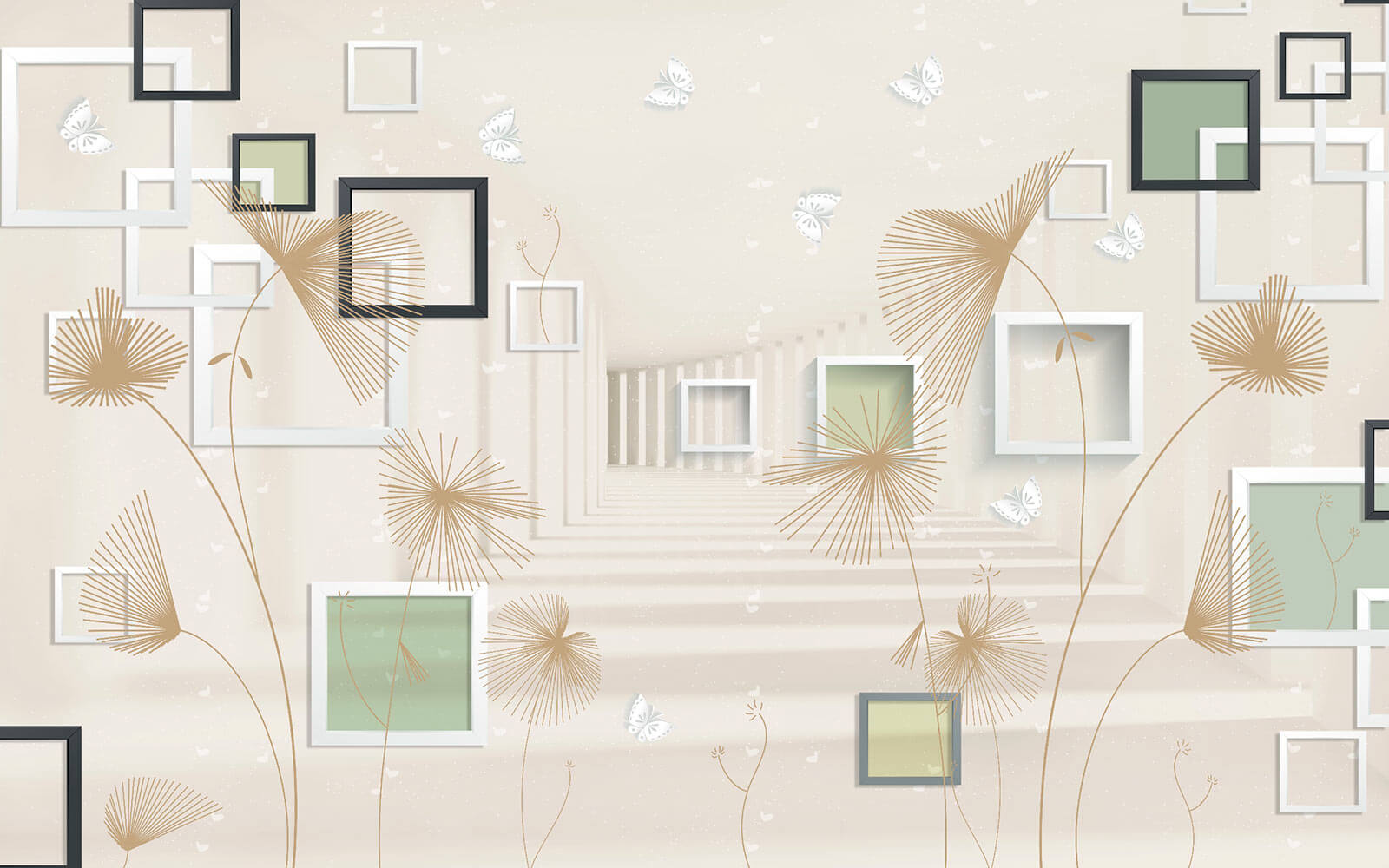 u40860p - Carta da parati con fiori e farfalle bianche e marroni - tegory