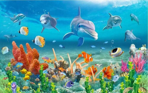 Gruppo di pesci e delfini che nuotano nell'oceano Gruppo di pesci e delfini che nuotano nell'oceano