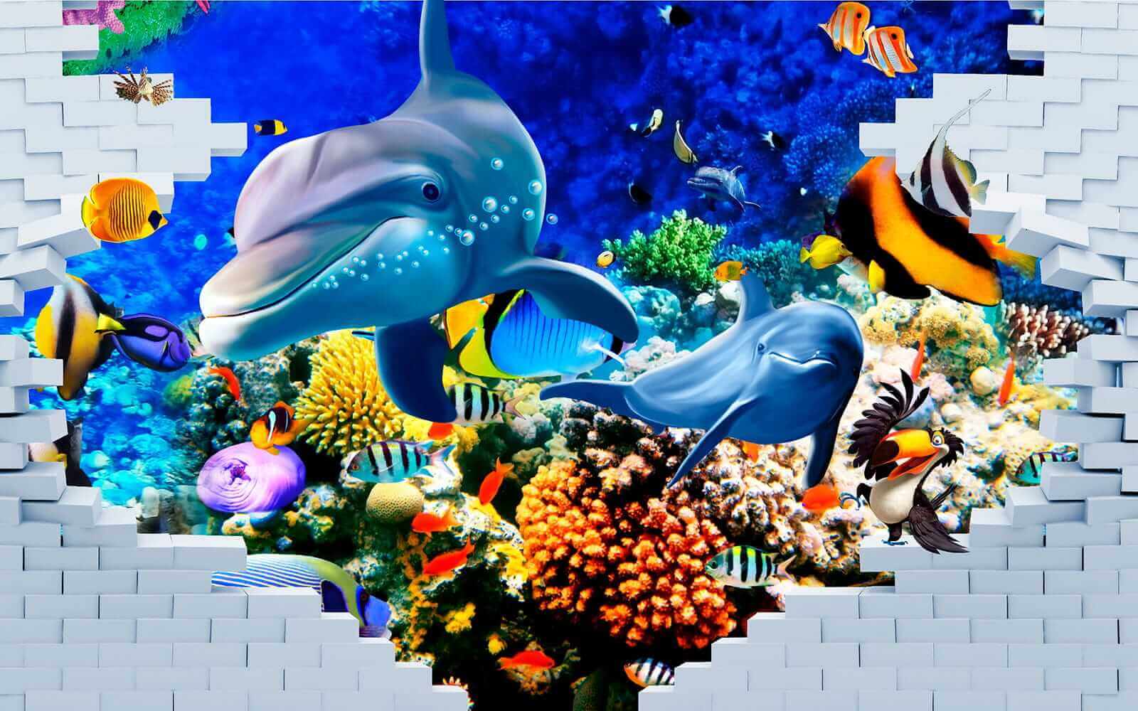 Murale di un pesce e delfini u40459p - Murale di un pesce e delfini - tegory