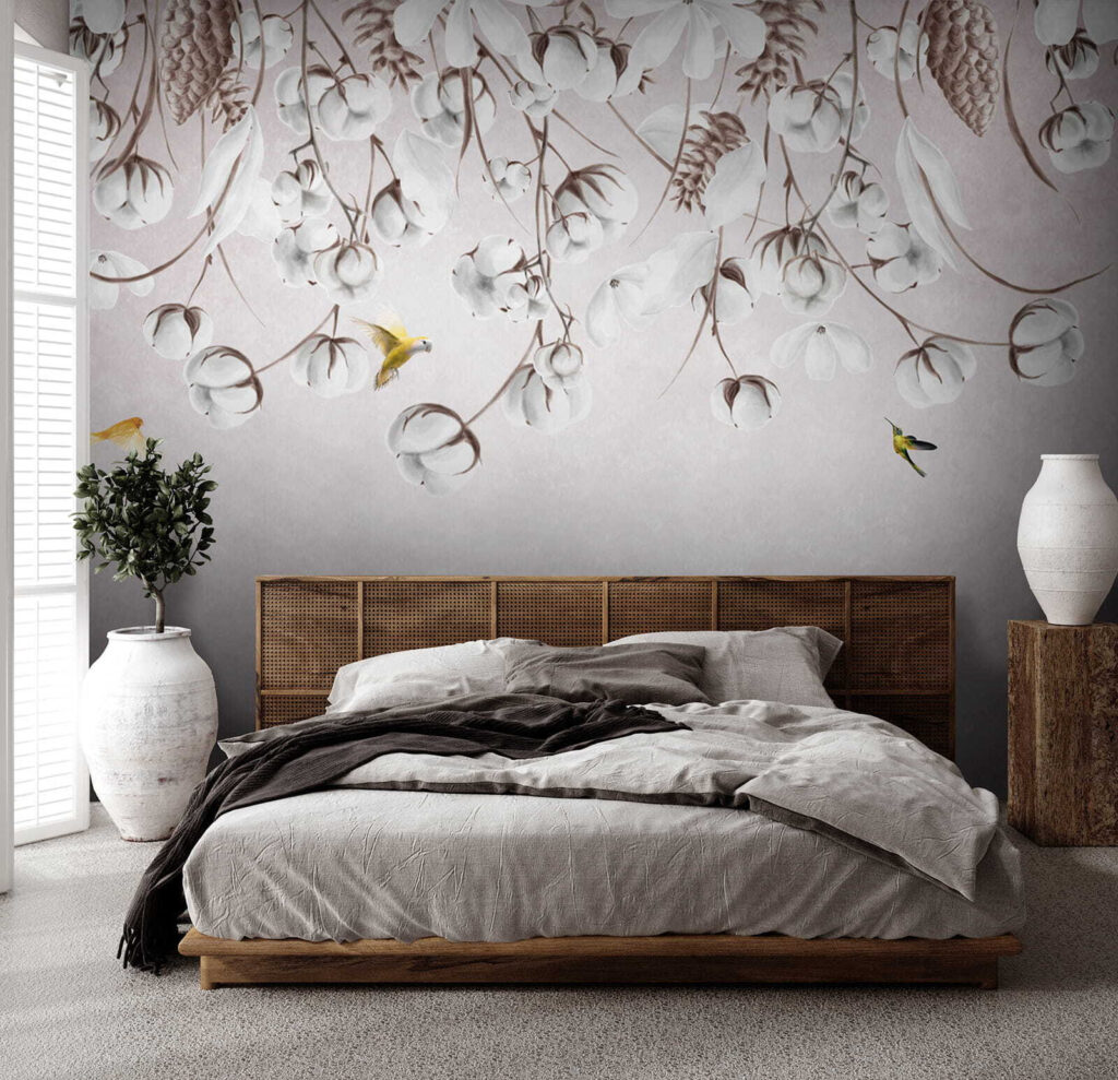 Bird flying over cotton flowers Bird flying over cotton flowers