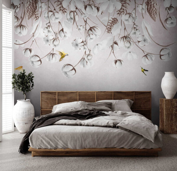 Bird flying over cotton flowers Bird flying over cotton flowers