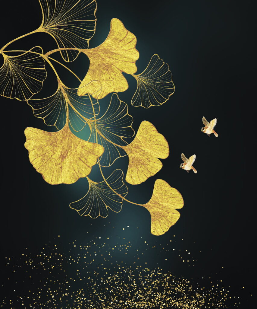 Foglie di ginkgo e uccelli in eleganza Foglie di ginkgo e uccelli in eleganza