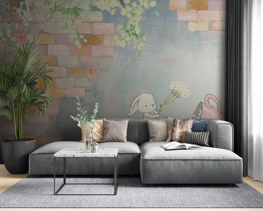 Coniglio a cartoni animati e casa con fiori