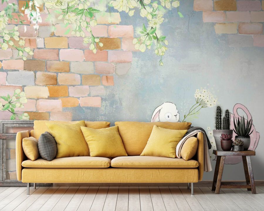 Coniglio a cartoni animati e casa con fiori