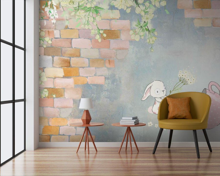 Coniglio a cartoni animati e casa con fiori