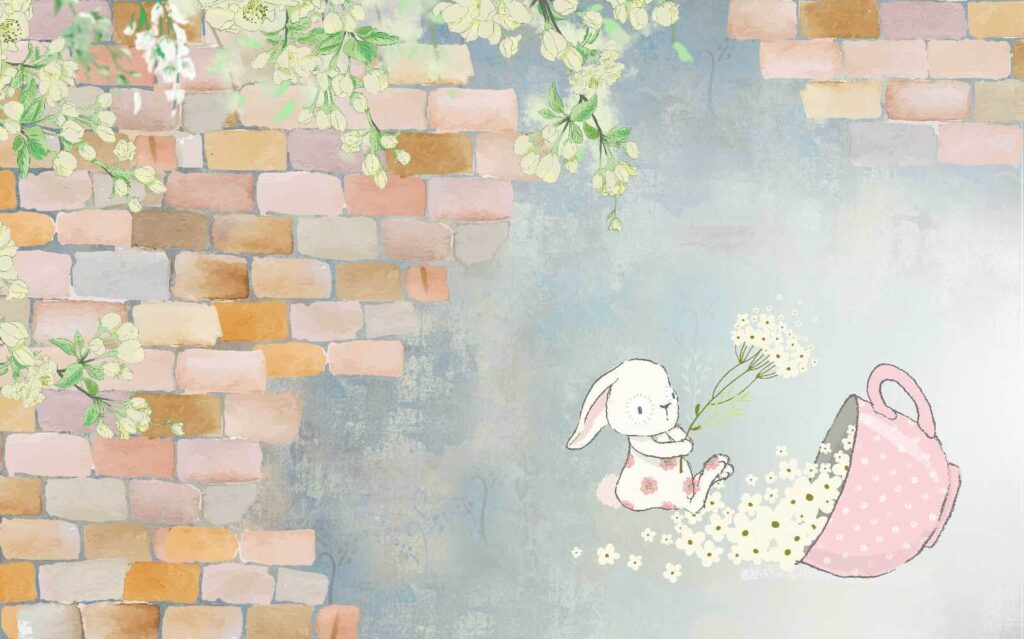 Coniglio a cartoni animati e casa con fiori Coniglio a cartoni animati e casa con fiori