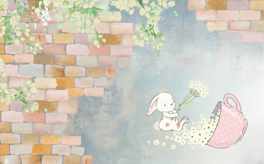 Coniglio a cartoni animati e casa con fiori