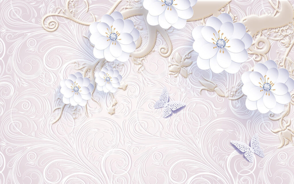 Carta da parati con fiori bianchi e farfalle Carta da parati con fiori bianchi e farfalle