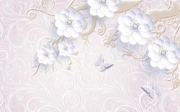 Carta da parati con fiori bianchi e farfalle Carta da parati con fiori bianchi e farfalle