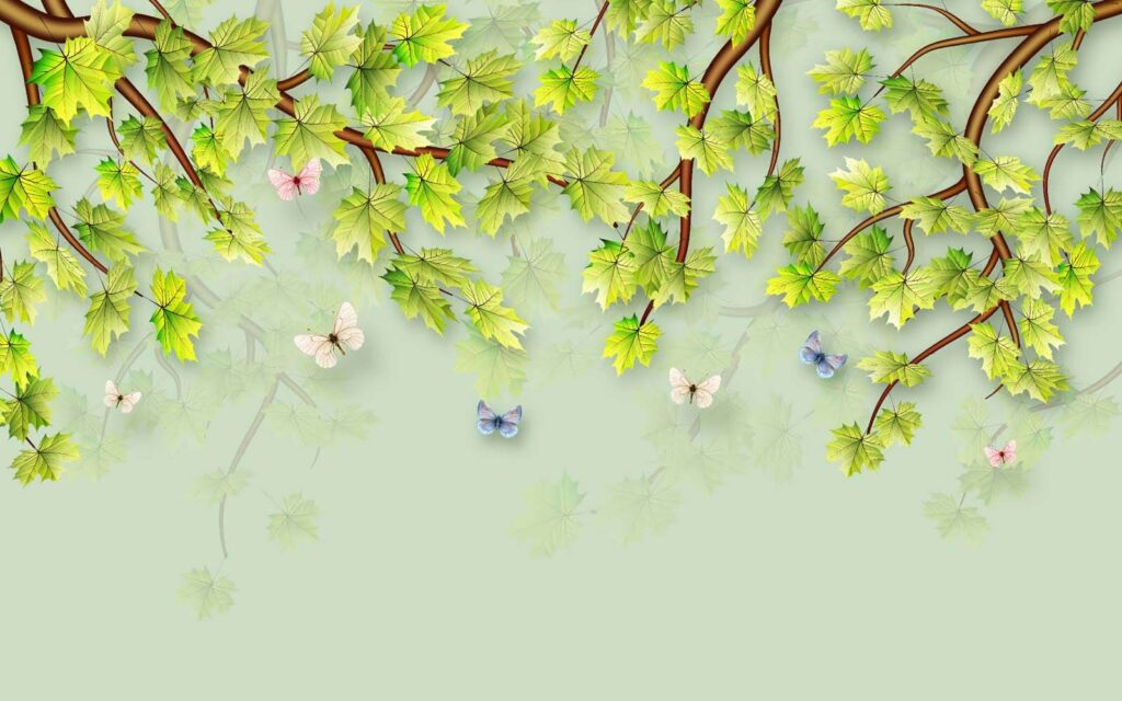 Foglie verdi e farfalle su sfondo bianco Foglie verdi e farfalle su sfondo bianco