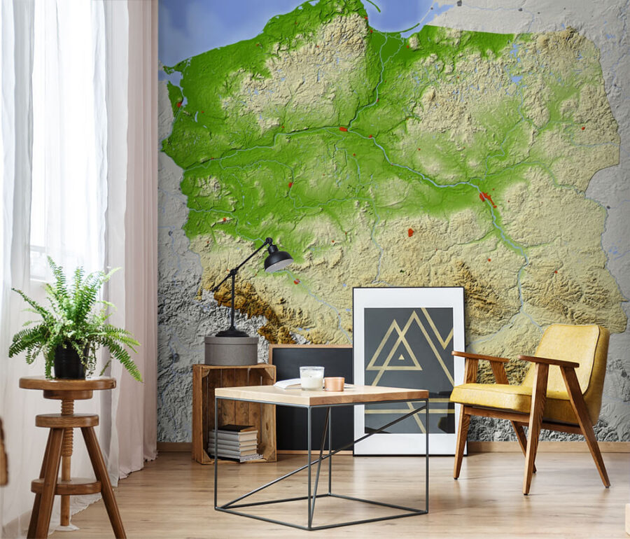 Mappa della Polonia con terra e acqua
