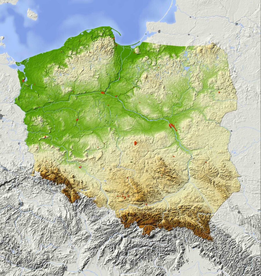 Mappa della Polonia con terra e acqua