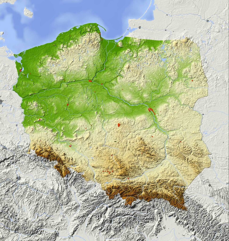 Mappa della Polonia con terra e acqua Mappa della Polonia con terra e acqua