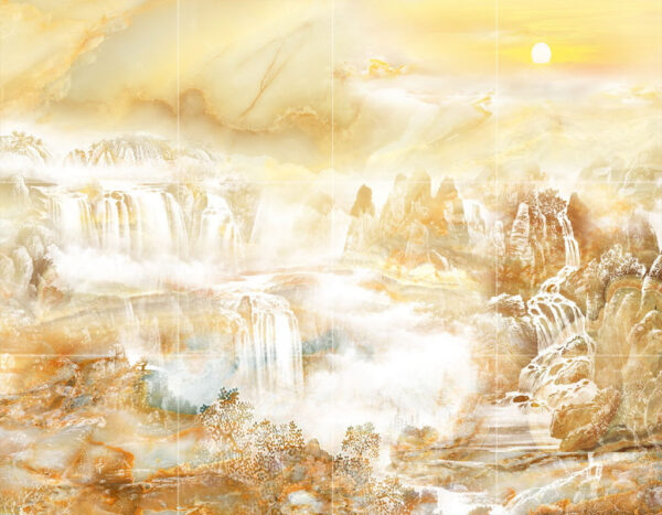 Pittura di una cascata e di montagne Pittura di una cascata e di montagne