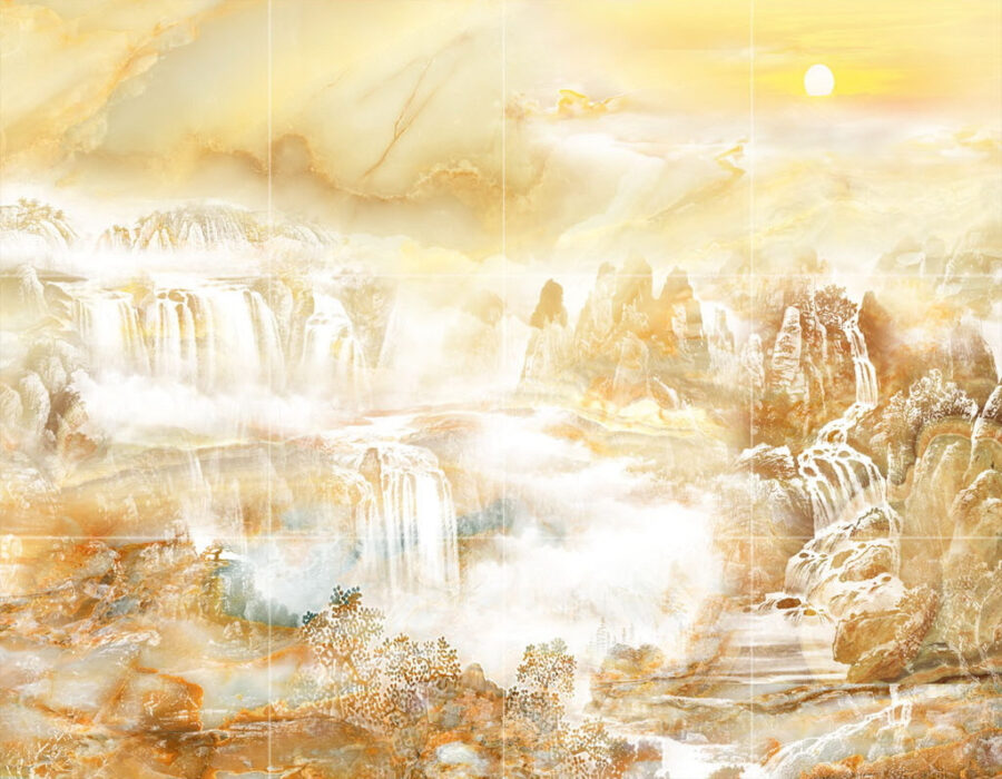 Pittura di una cascata e di montagne Pittura di una cascata e di montagne
