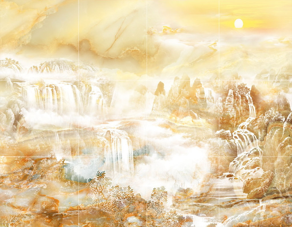Pittura di una cascata e di montagne Pittura di una cascata e di montagne