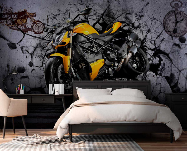 Moto gialla su un muro Moto gialla su un muro