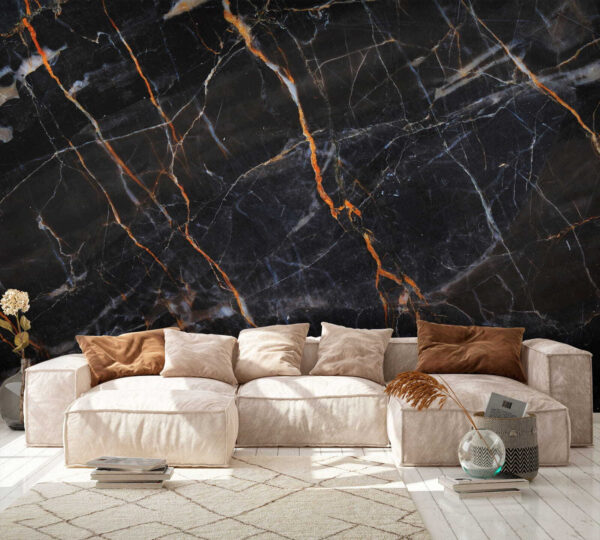 Marmo nero con venature arancio fuoco. Marmo nero con venature arancio fuoco.