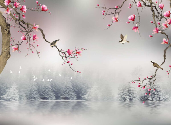 Tree branches with pink flowers and birds flying over water