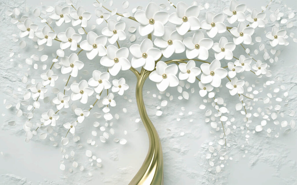 Albero con fiori e foglie bianche Albero con fiori e foglie bianche